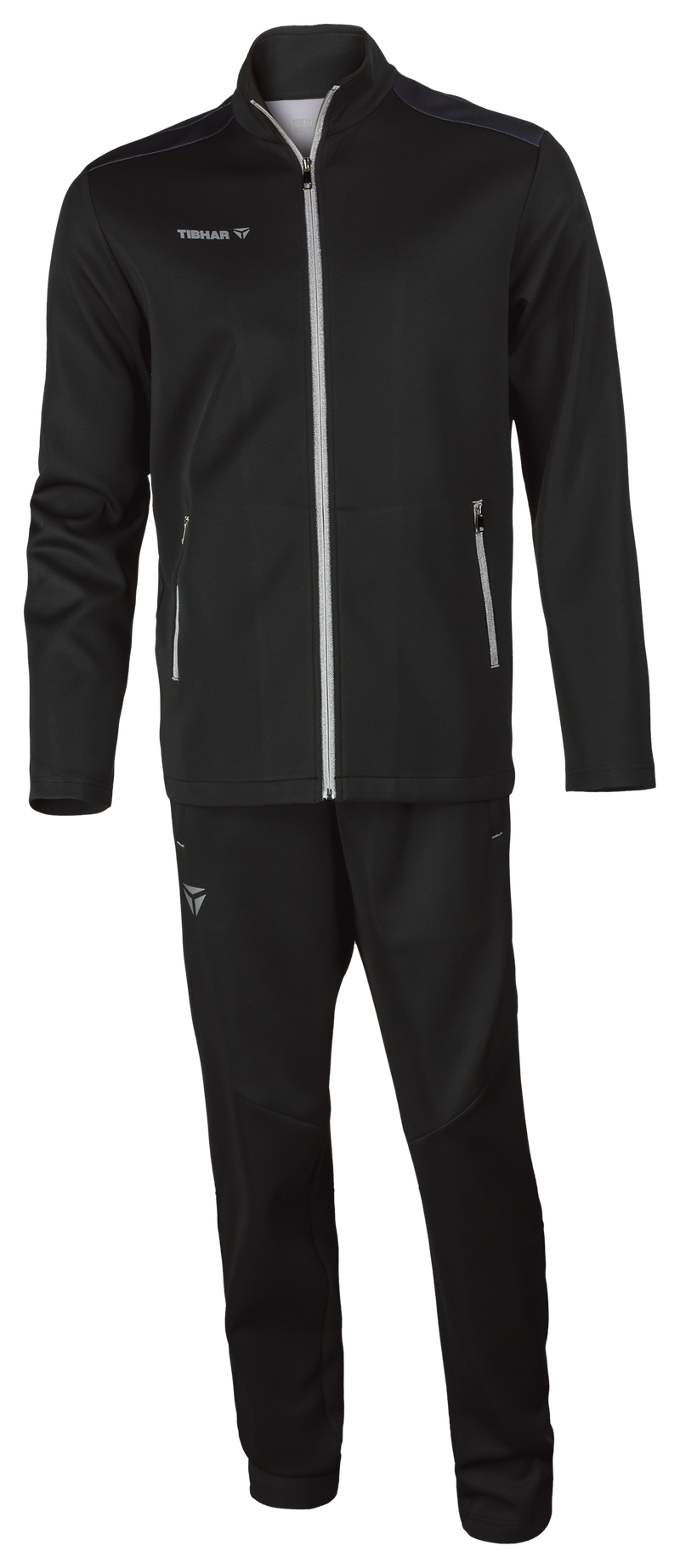 Tibhar Etna Trainingsanzug in Schwarz – Set aus Jacke und Hose aus weichem Funktionsmaterial, Vorderansicht.