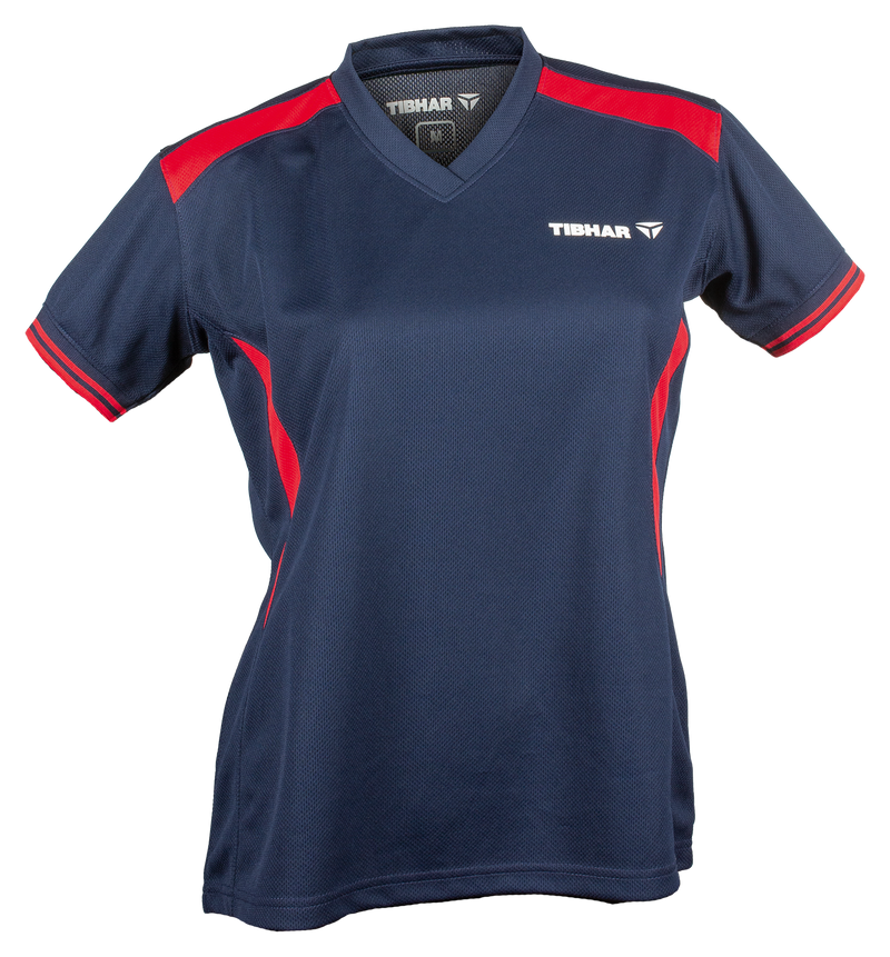 Tibhar Kosmos Lady Hemd in Marine/Rot – tailliertes Damen-Tischtennishemd, Vorderansicht.