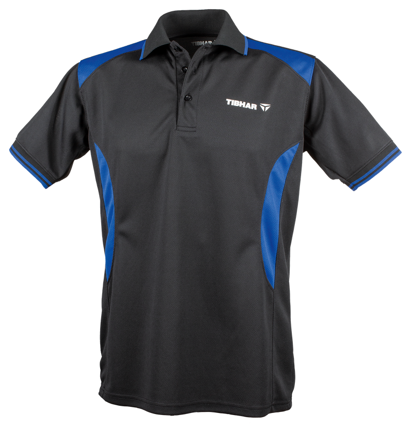Tibhar Kosmos Hemd Polyester in Schwarz/Blau – atmungsaktives Tischtennishemd, Vorderansicht.