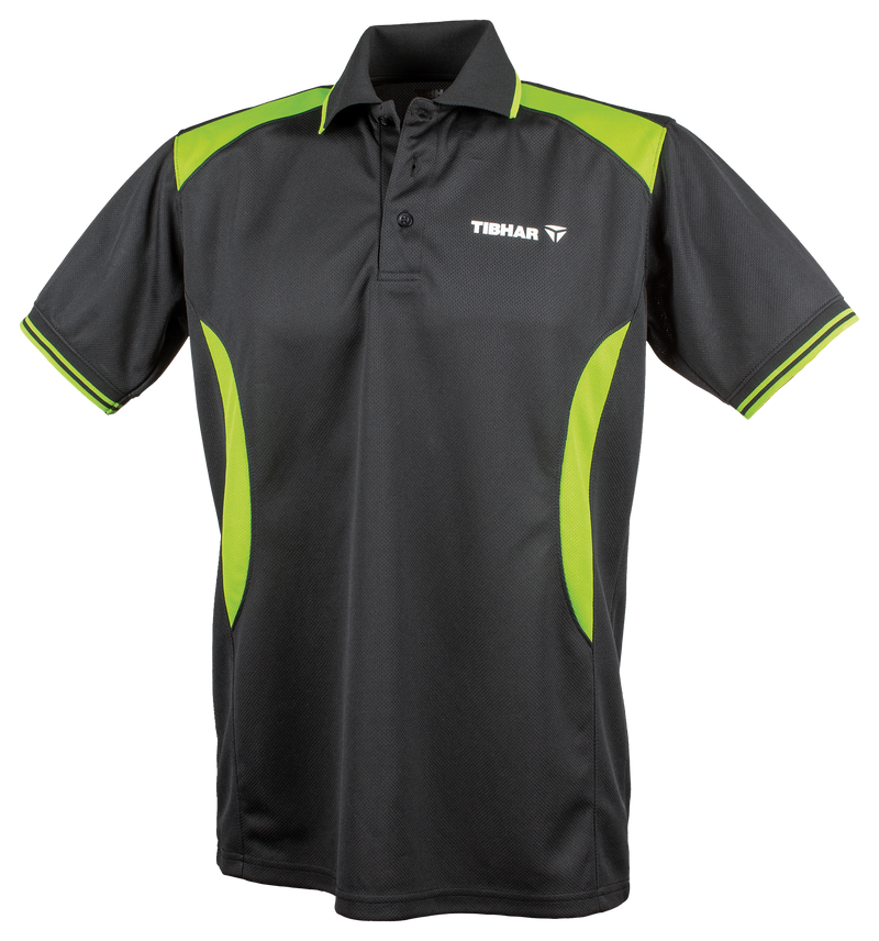 Tibhar Kosmos Hemd Polyester in Schwarz/Grün – atmungsaktives Tischtennishemd, Vorderansicht.