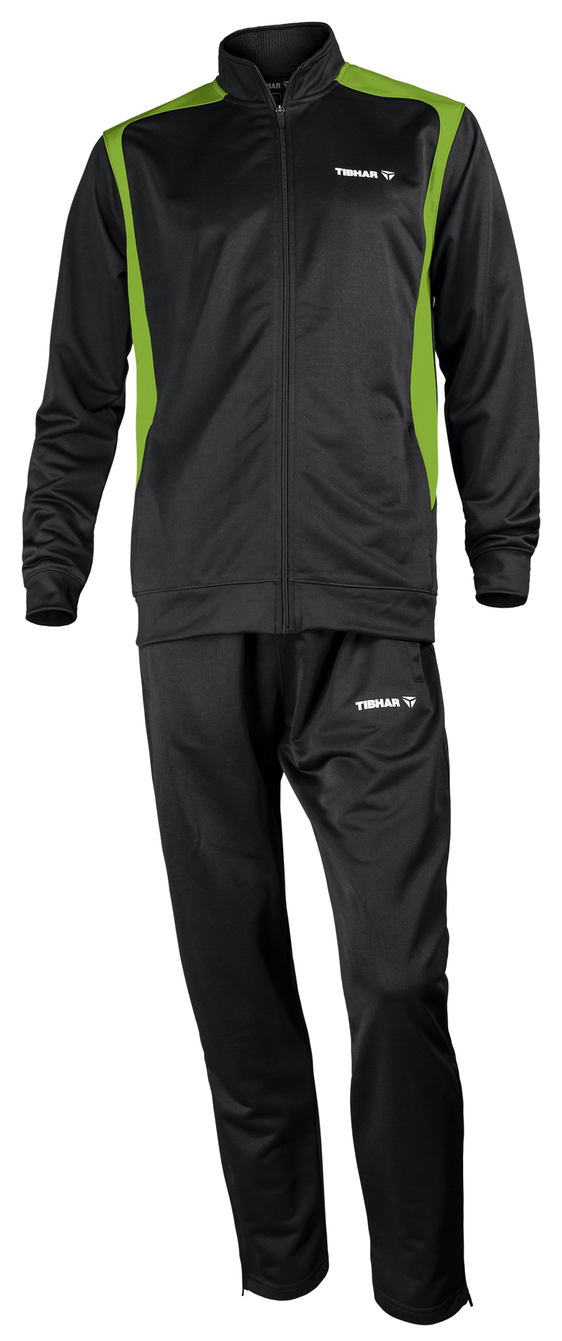 Tibhar Tracksuit Mundo in Schwarz/Grün – Set aus Jacke und Hose, Vorderansicht.