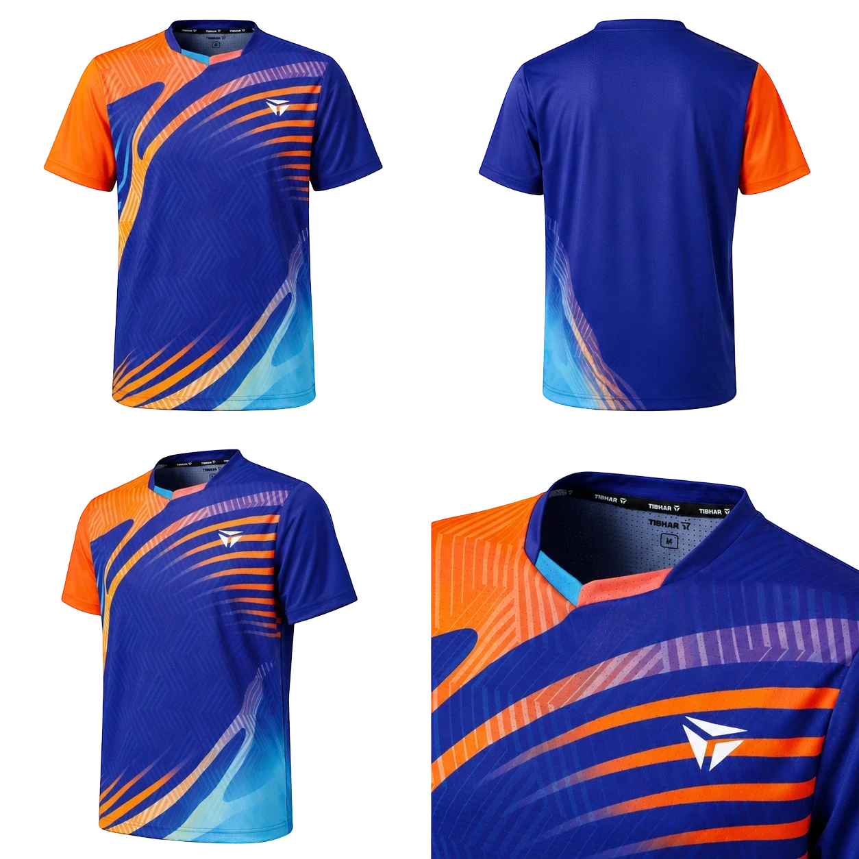 TTM-Store blue and orange short-sleeve table tennis shirt with V-neck and dynamic graphic print.