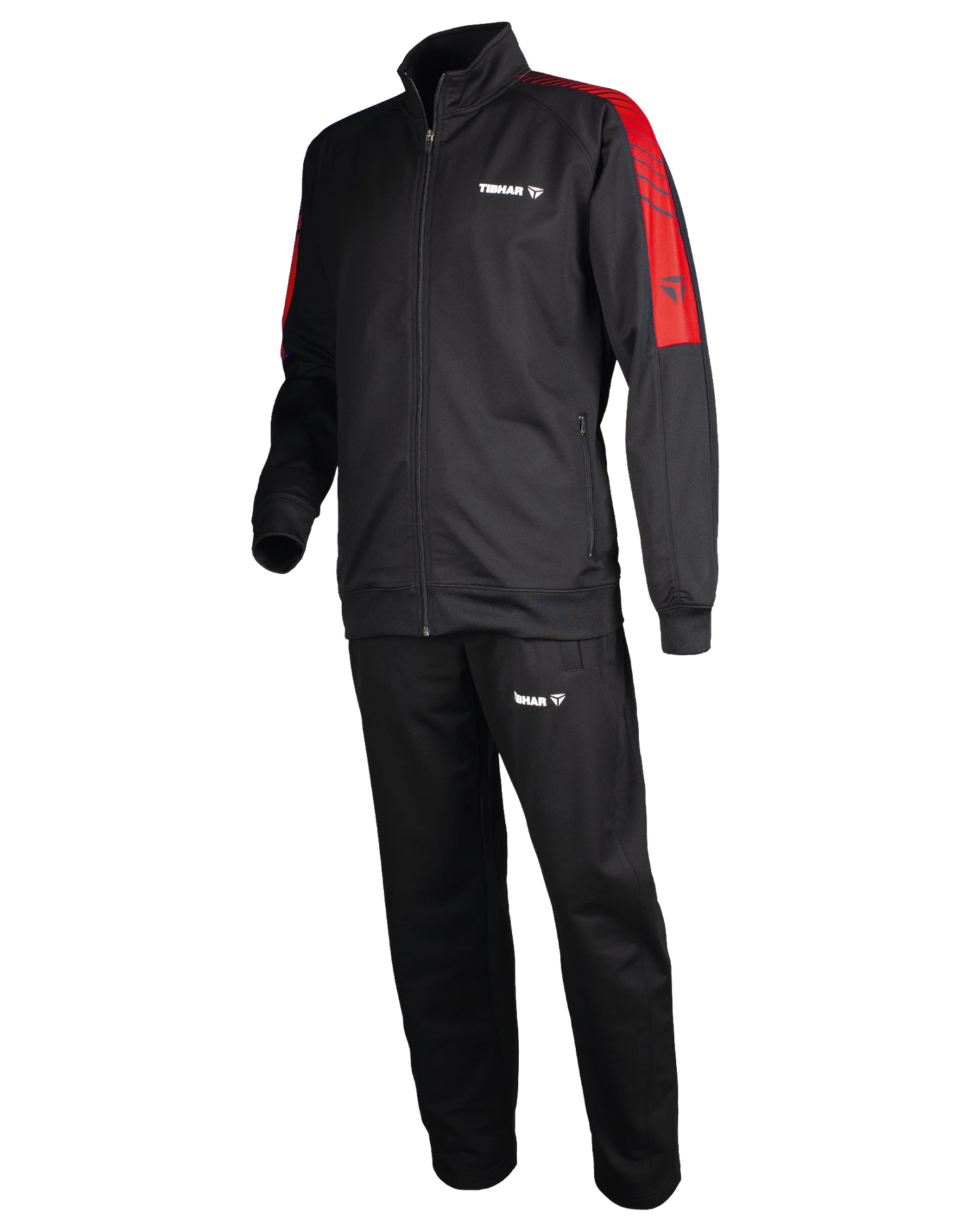 TTM-Store Tibhar DOMINO black polyester-elastane tracksuit with red accents on sleeves. Full zip jacket and pants.