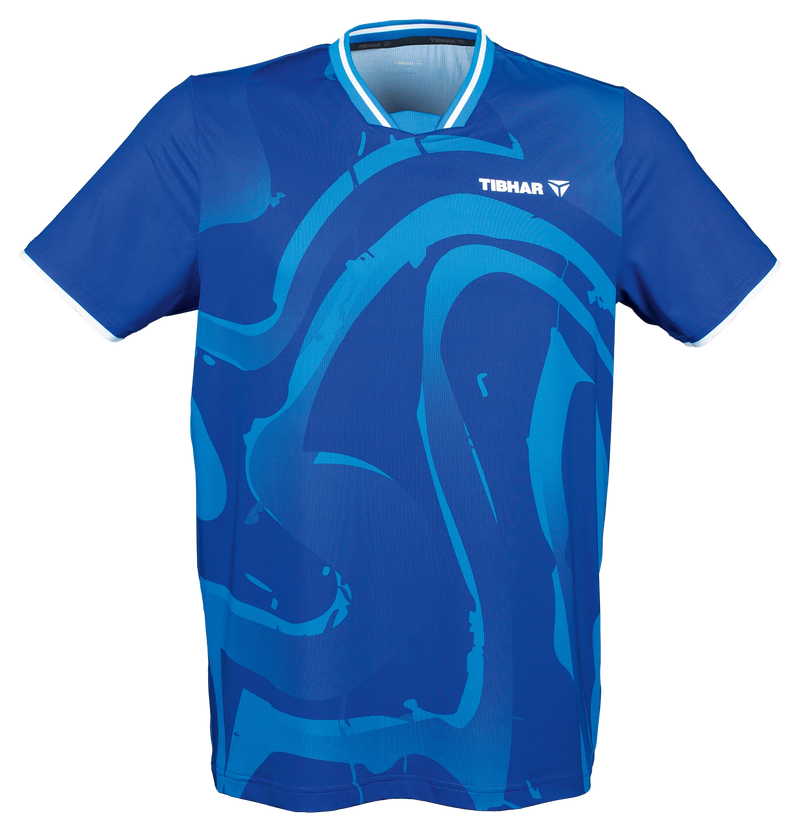 Tibhar Dream TT-Shirt in Blau, Polyester, mit V-Ausschnitt und dynamischem Muster. Ideal für Tischtennis.