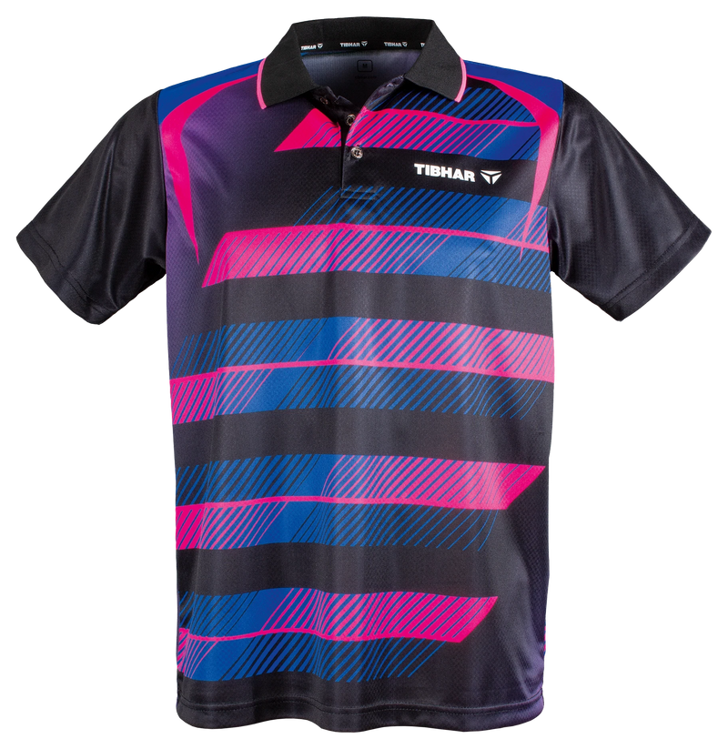 TTM-Store Tibhar FRAME table tennis polo shirt with black, pink, and blue stripes. 100% polyester with a collar and button placket.