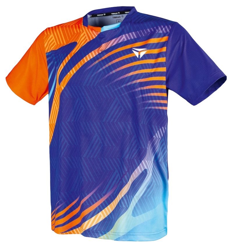 TTM-Store Tibhar Heaven blue and orange short-sleeve polyester-elastane table tennis shirt with V-neck.