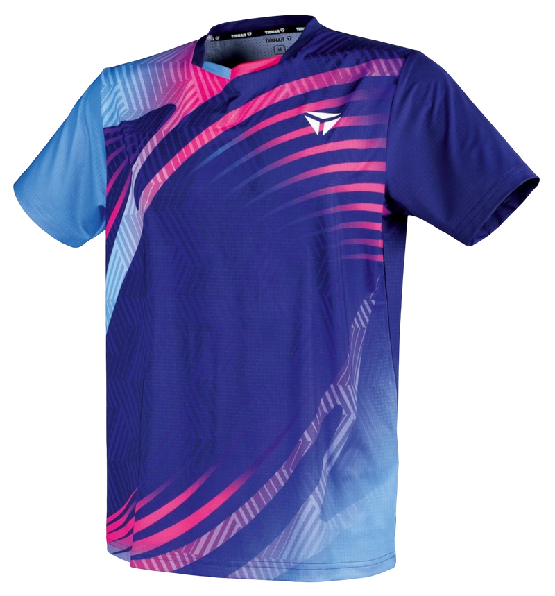 TTM-Store Tibhar Heaven blue and pink polyester-elastane t-shirt with V-neck and abstract pattern
