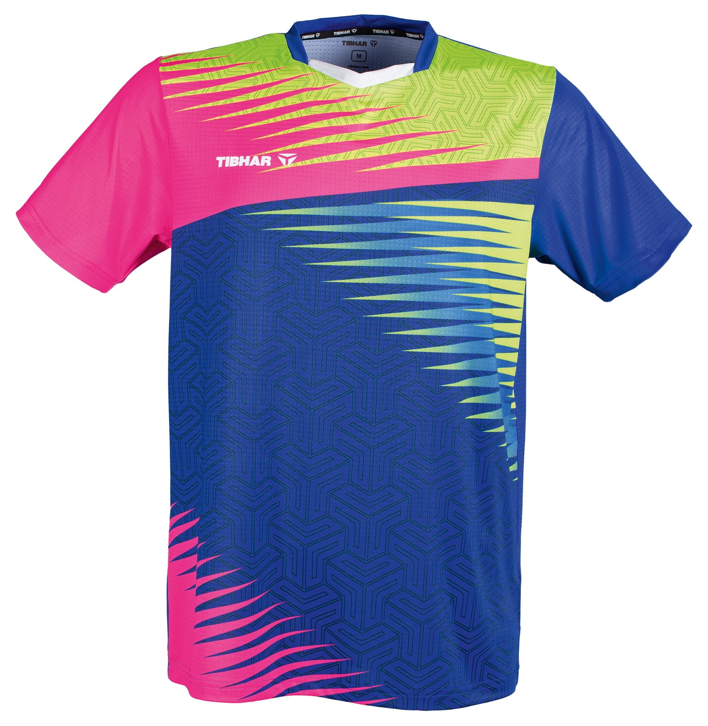 Tibhar Azur TT-Shirt in Pink/Gelb/Blau – buntes Tischtennis-Funktionsshirt, Vorderansicht.