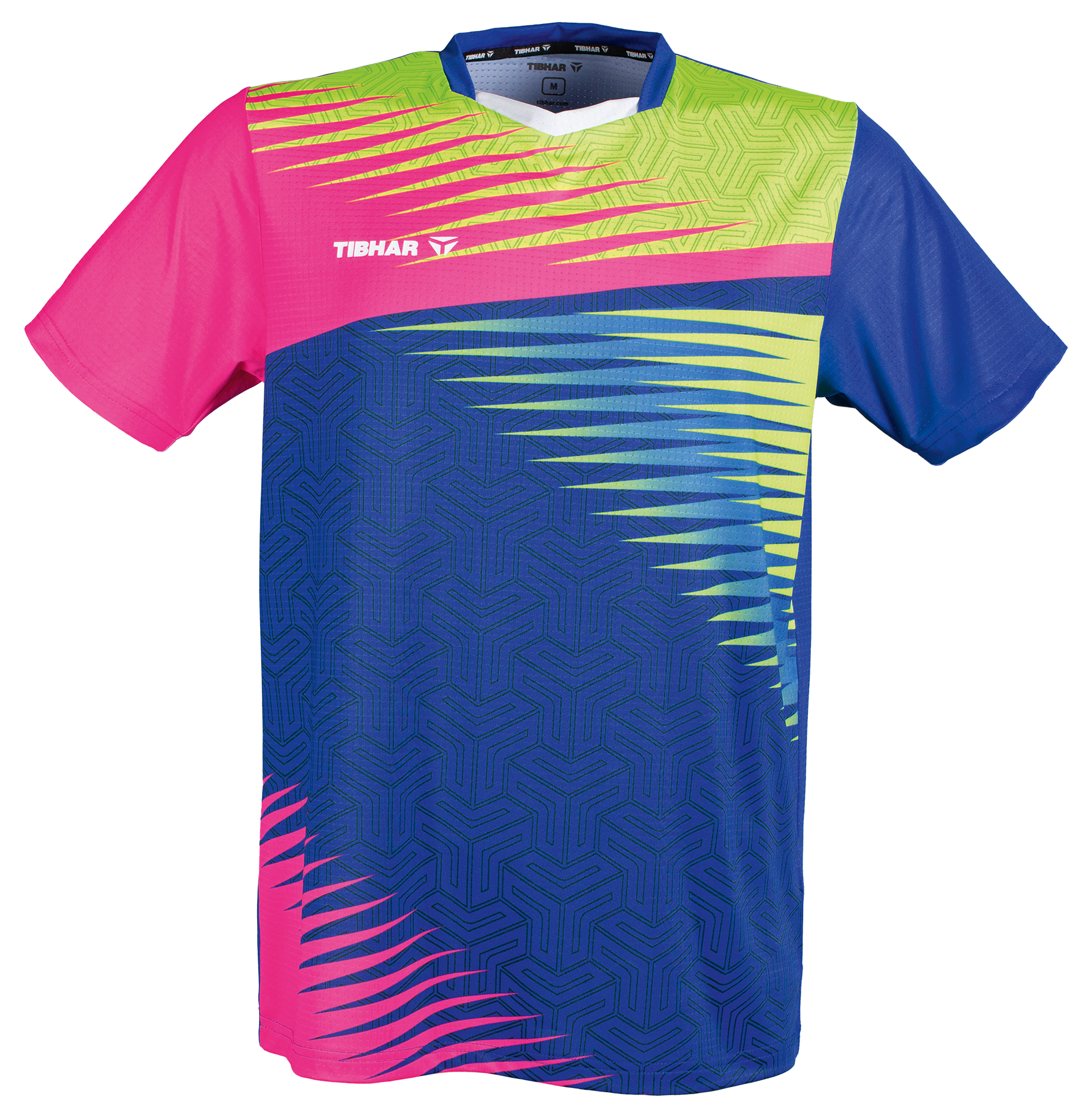 Tibhar Azur TT-Shirt in Pink/Gelb/Blau – buntes Tischtennis-Funktionsshirt, Vorderansicht.