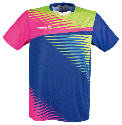Tibhar Azur TT-Shirt in Pink/Gelb/Blau – buntes Tischtennis-Funktionsshirt, Vorderansicht.