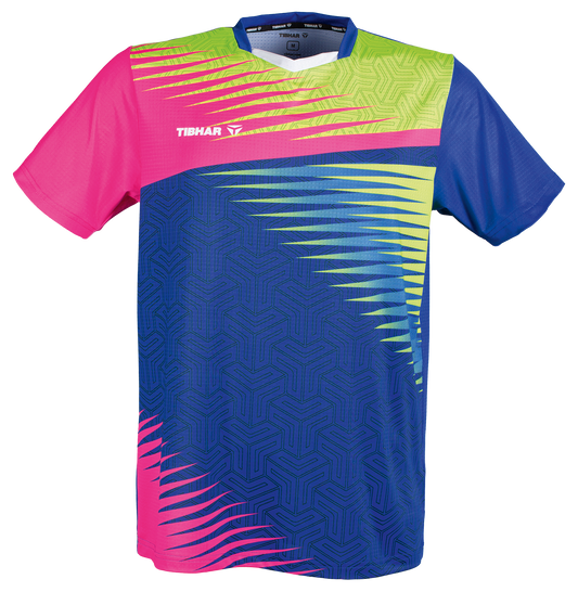 Tibhar Azur TT-Shirt in Pink/Gelb/Blau – buntes Tischtennis-Funktionsshirt, Vorderansicht.