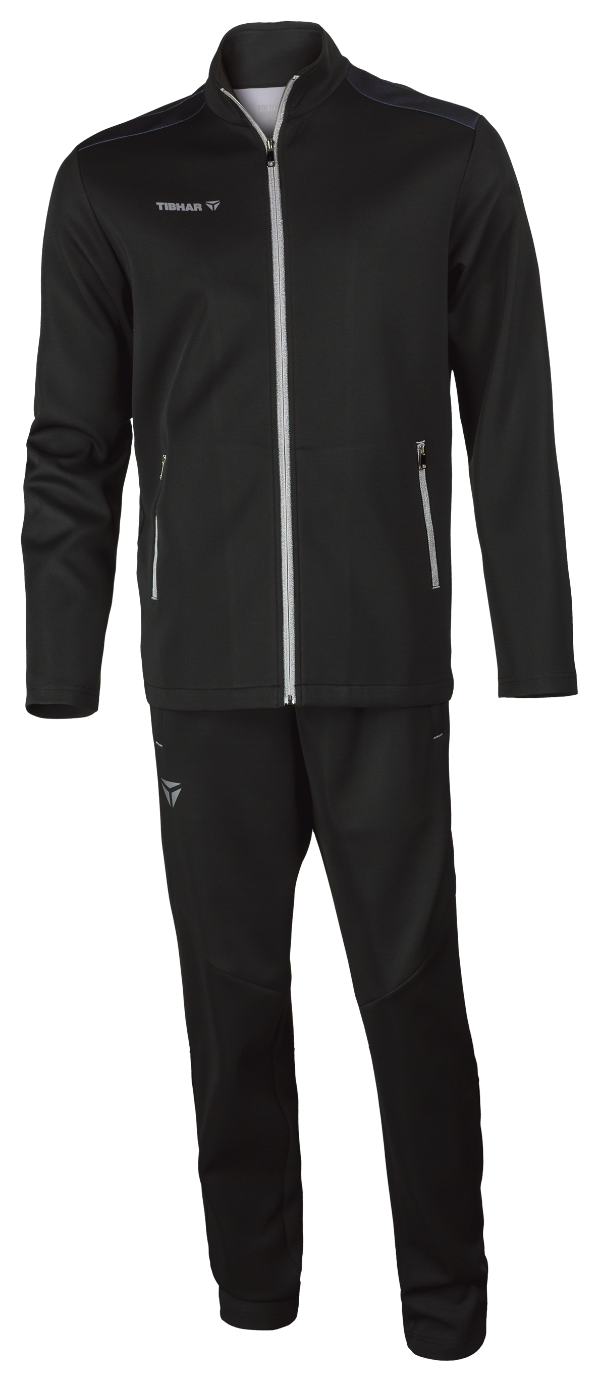 Tibhar Etna Trainingsanzug in Schwarz – Set aus Jacke und Hose aus weichem Funktionsmaterial, Vorderansicht.