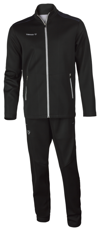 Tibhar Etna Trainingsanzug in Schwarz – Set aus Jacke und Hose aus weichem Funktionsmaterial, Vorderansicht.