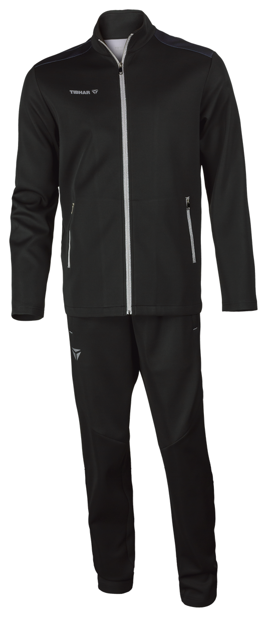 Tibhar Etna Trainingsanzug in Schwarz – Set aus Jacke und Hose aus weichem Funktionsmaterial, Vorderansicht.