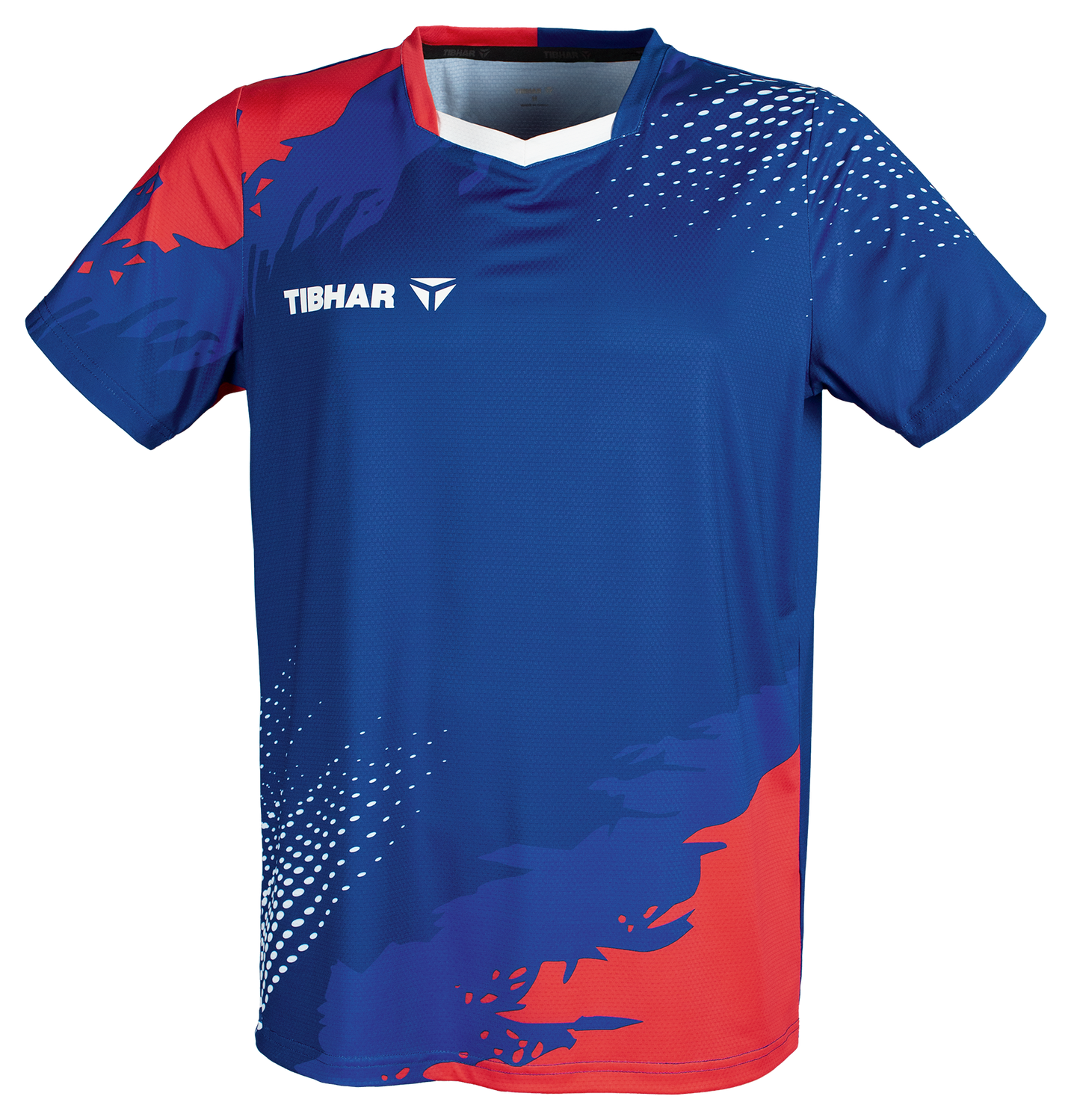 Tibhar France TT-Shirt in Blau/Rot – atmungsaktives Tischtennis-Shirt im Frankreich-Design, Vorderansicht.