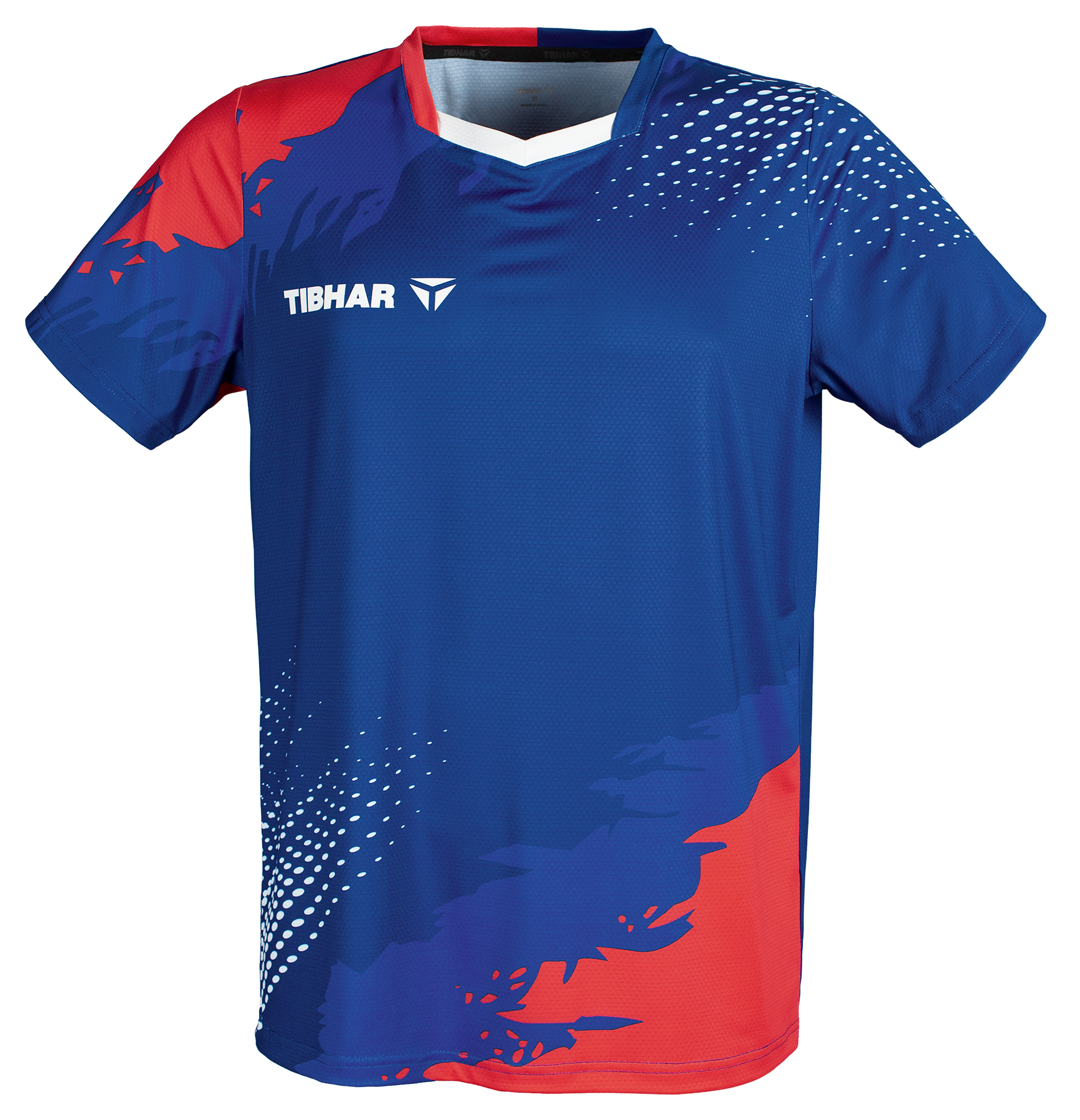 Tibhar France TT-Shirt in Blau/Rot – atmungsaktives Tischtennis-Shirt im Frankreich-Design, Vorderansicht.