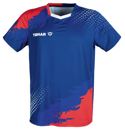 Tibhar France TT-Shirt in Blau/Rot – atmungsaktives Tischtennis-Shirt im Frankreich-Design, Vorderansicht.