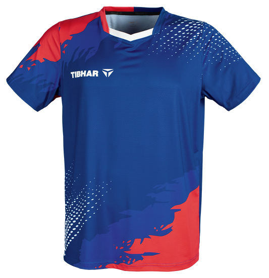 Tibhar France TT-Shirt in Blau/Rot – atmungsaktives Tischtennis-Shirt im Frankreich-Design, Vorderansicht.