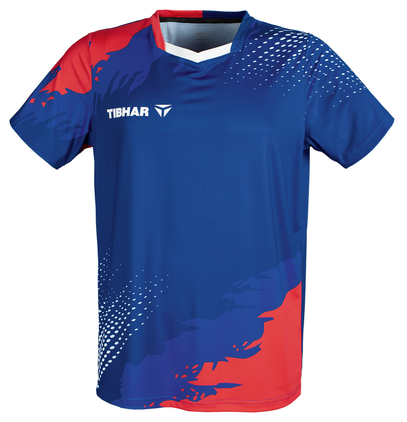 Tibhar France TT-Shirt in Blau/Rot – atmungsaktives Tischtennis-Shirt im Frankreich-Design, Vorderansicht.