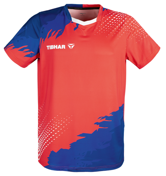 Tibhar France TT-Shirt in Rot/Blau – atmungsaktives Tischtennis-Shirt im Frankreich-Design, Vorderansicht.