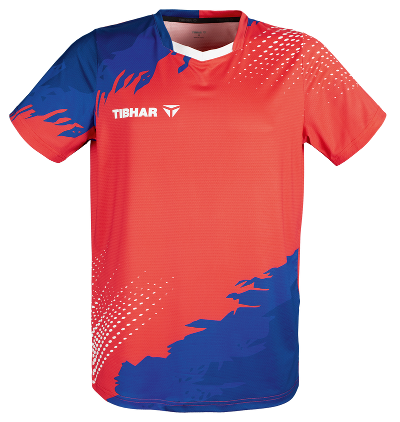 Tibhar France TT-Shirt in Rot/Blau – atmungsaktives Tischtennis-Shirt im Frankreich-Design, Vorderansicht.