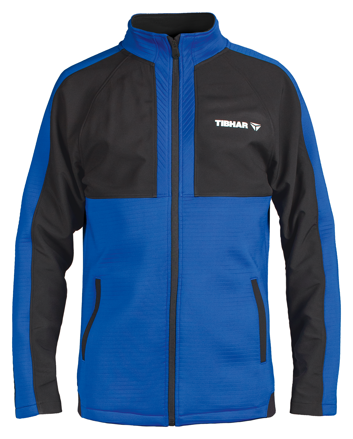 Tibhar Jura Trainingsjacke in Blau/Schwarz, 100% Polyester, sportlicher Schnitt mit Stehkragen für Tischtennis.