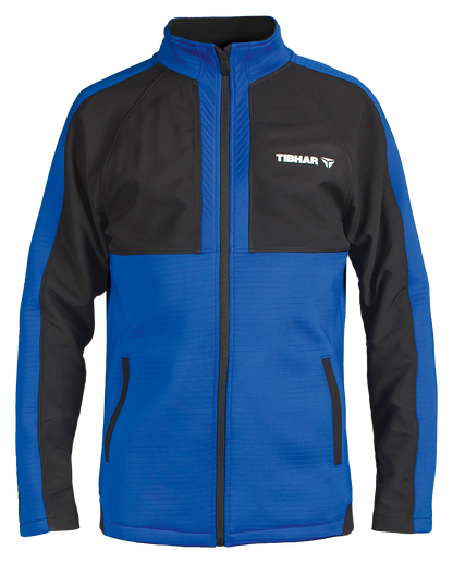 Tibhar Jura Trainingsjacke in Blau/Schwarz, 100% Polyester, sportlicher Schnitt mit Stehkragen für Tischtennis.