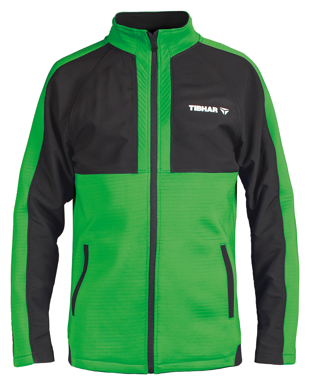 Tibhar Jura Trainingsjacke in Grün/Schwarz, 100% Polyester, mit Stehkragen, Schweißabsorptionsband und Reißverschlusstaschen.