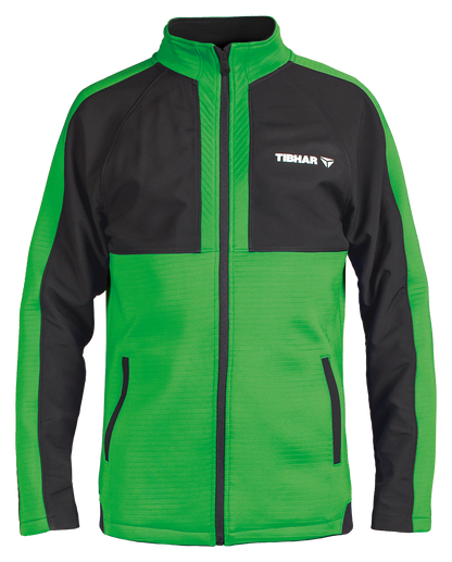 Tibhar Jura Trainingsjacke in Grün/Schwarz, 100% Polyester, mit Stehkragen, Schweißabsorptionsband und Reißverschlusstaschen.