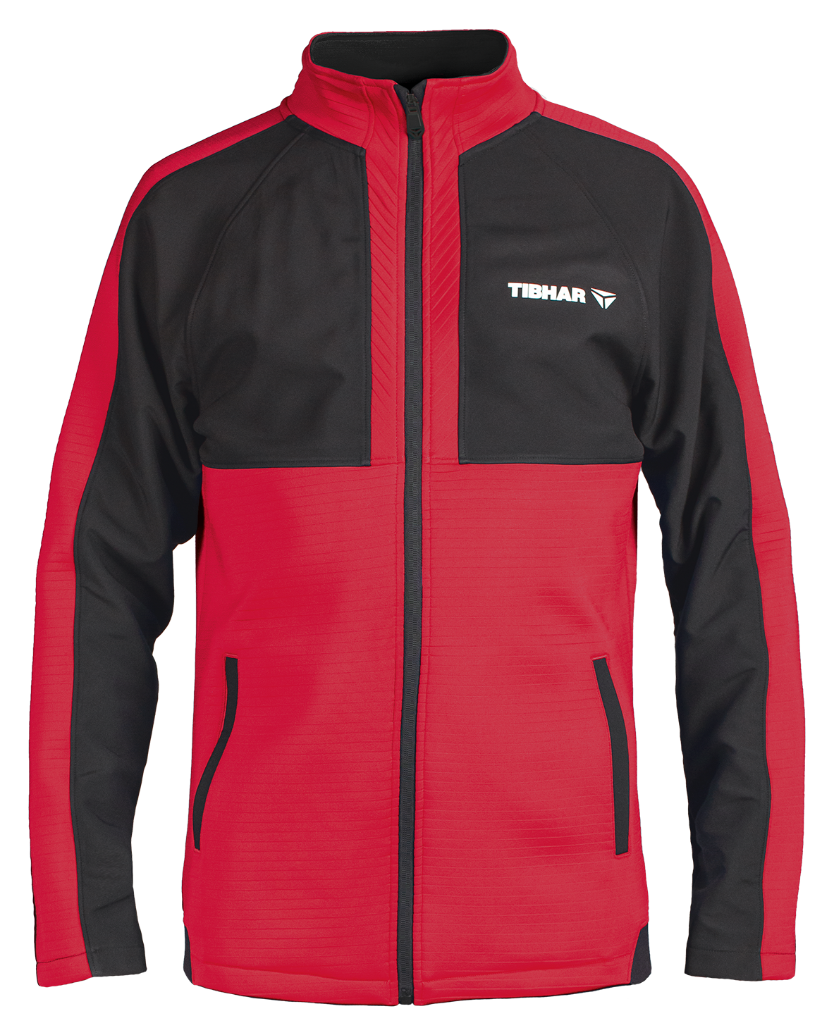 Tibhar Jura Trainingsjacke in Rot/Schwarz, 100% Polyester, mit Reißverschluss und seitlichen Taschen für Tischtennis.