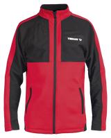 Tibhar Jura Trainingsjacke in Rot/Schwarz, 100% Polyester, mit Reißverschluss und seitlichen Taschen für Tischtennis.