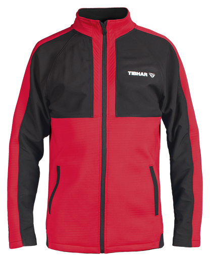 Tibhar Jura Trainingsjacke in Rot/Schwarz, 100% Polyester, mit Reißverschluss und seitlichen Taschen für Tischtennis.