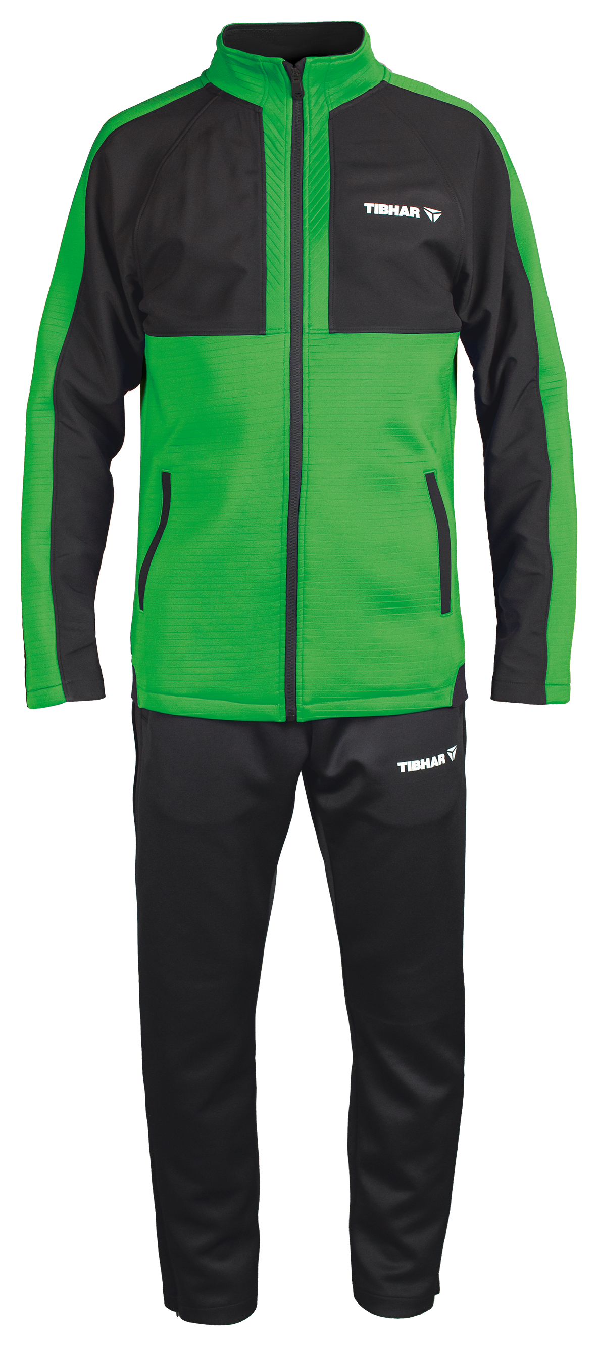 Tibhar Jura Trainingsanzug in Grün/Schwarz – Set aus Trainingsjacke und Trainingshose aus weichem Funktionsmaterial für Tischtennis.