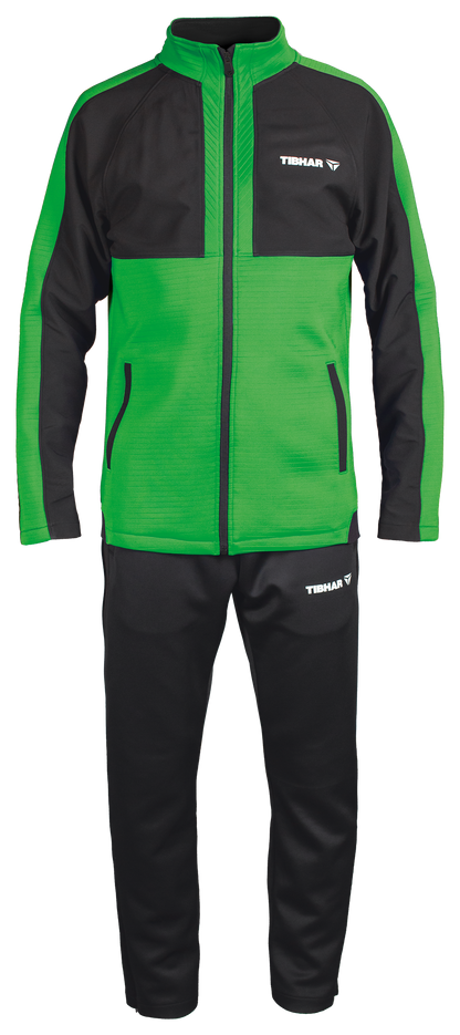Tibhar Jura Trainingsanzug in Grün/Schwarz – Set aus Trainingsjacke und Trainingshose aus weichem Funktionsmaterial für Tischtennis.