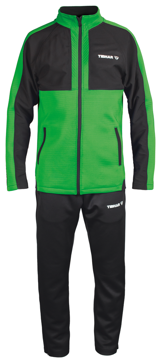 Tibhar Jura Trainingsanzug in Grün/Schwarz – Set aus Trainingsjacke und Trainingshose aus weichem Funktionsmaterial für Tischtennis.