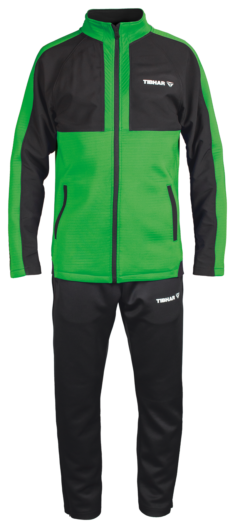 Tibhar Jura Trainingsanzug in Grün/Schwarz – Set aus Trainingsjacke und Trainingshose aus weichem Funktionsmaterial für Tischtennis.