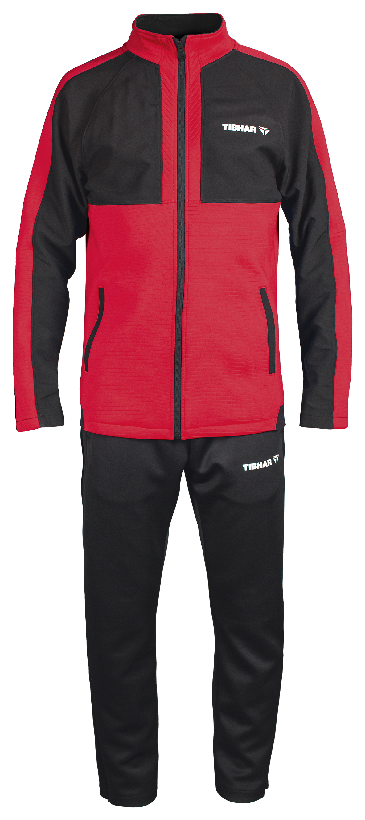 Tibhar Jura Trainingsanzug in Rot/Schwarz – Set aus Jacke und Hose, weiches Funktionsmaterial für Training und Wettkampf.