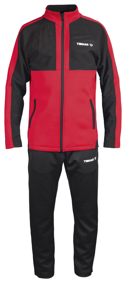 Tibhar Jura Trainingsanzug in Rot/Schwarz – Set aus Jacke und Hose, weiches Funktionsmaterial für Training und Wettkampf.