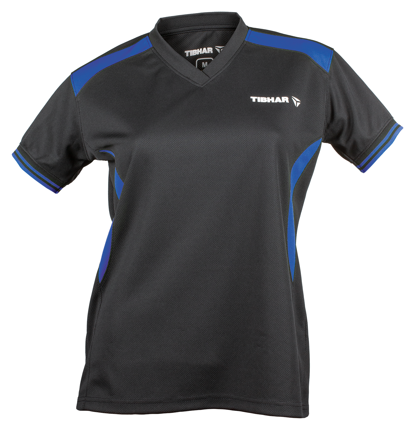 Tibhar Kosmos Lady Hemd in Schwarz/Blau – tailliertes Damen-Tischtennishemd, Vorderansicht.