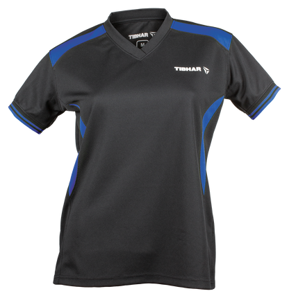Tibhar Kosmos Lady Hemd in Schwarz/Blau – tailliertes Damen-Tischtennishemd, Vorderansicht.