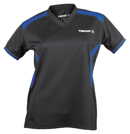Tibhar Kosmos Lady Hemd in Schwarz/Blau – tailliertes Damen-Tischtennishemd, Vorderansicht.