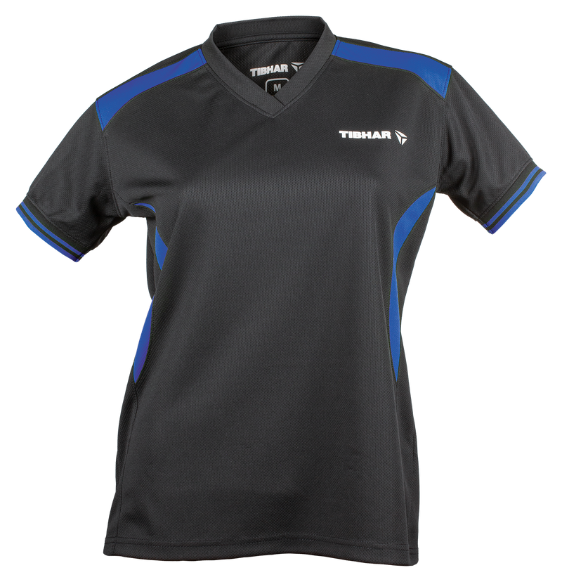 Tibhar Kosmos Lady Hemd in Schwarz/Blau – tailliertes Damen-Tischtennishemd, Vorderansicht.