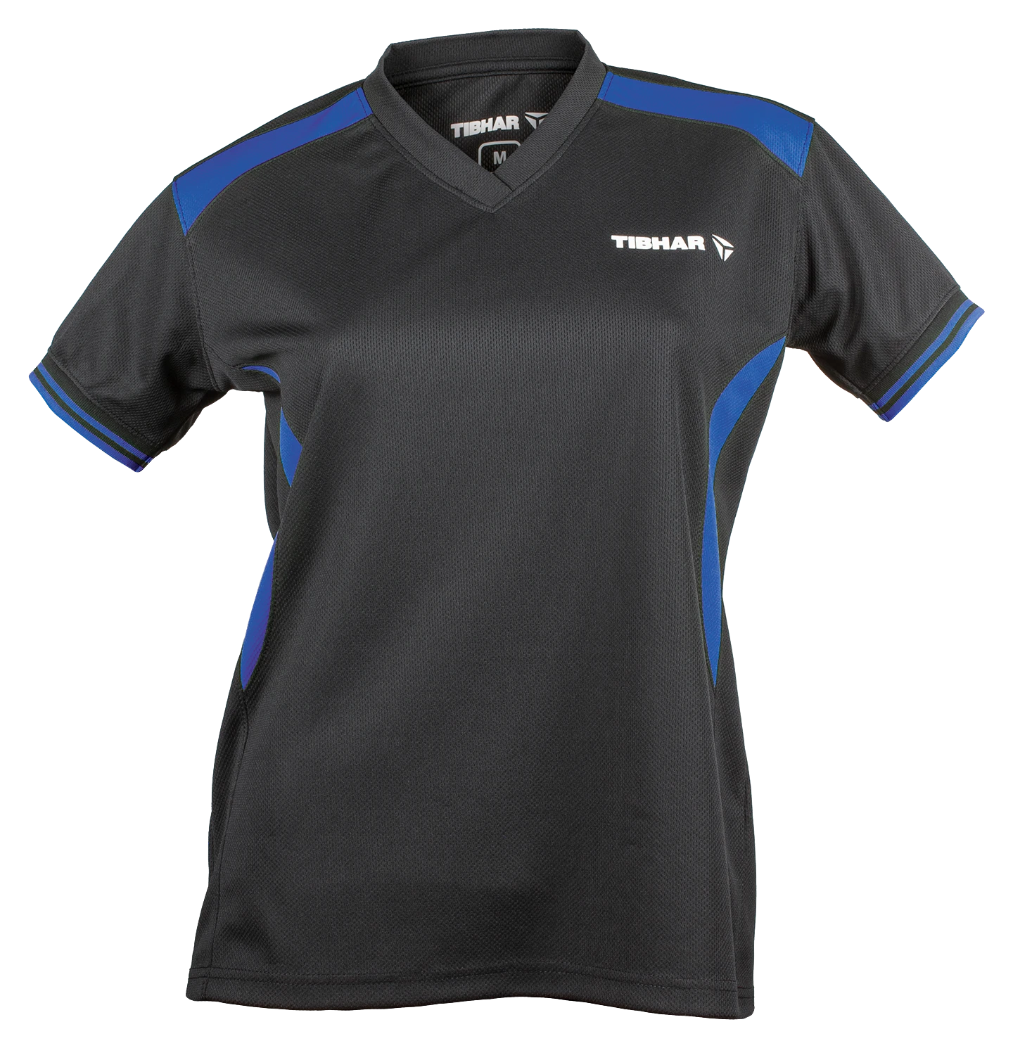Tibhar Kosmos Lady Hemd in Schwarz/Blau – tailliertes Damen-Tischtennishemd, Vorderansicht.