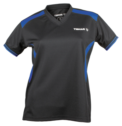 Tibhar Kosmos Lady Hemd in Schwarz/Blau – tailliertes Damen-Tischtennishemd, Vorderansicht.