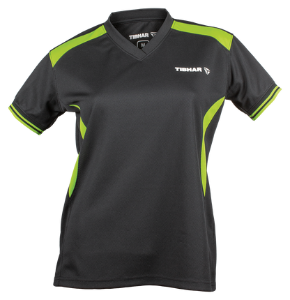 Tibhar Kosmos Lady Hemd in Schwarz/Grün – tailliertes Damen-Tischtennishemd, Vorderansicht.