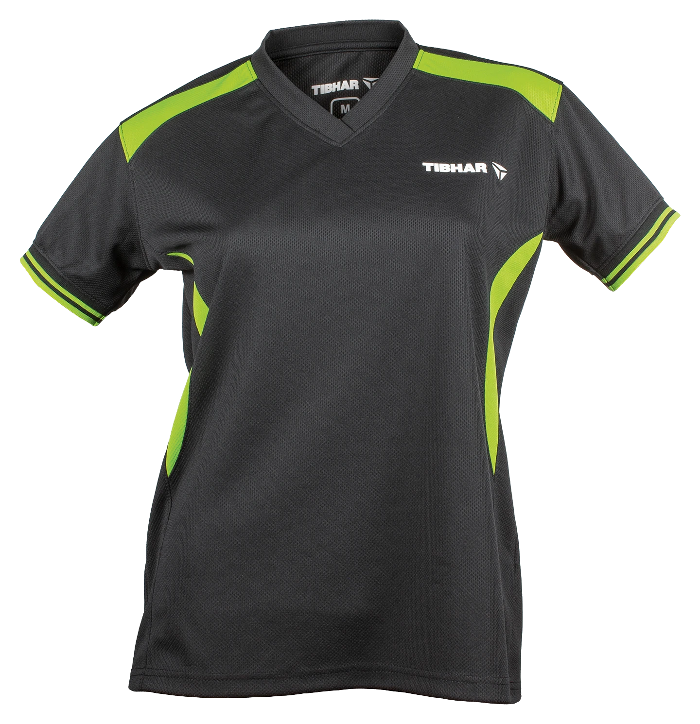 Tibhar Kosmos Lady Hemd in Schwarz/Grün – tailliertes Damen-Tischtennishemd, Vorderansicht.