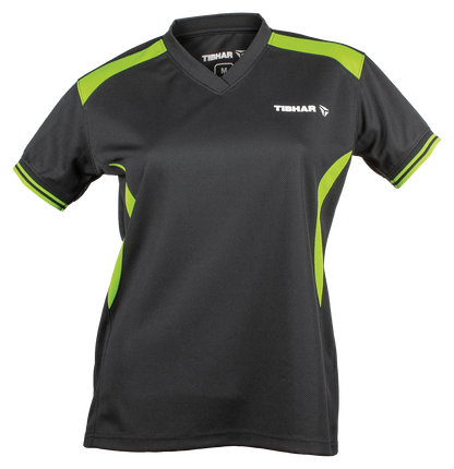 Tibhar Kosmos Lady Hemd in Schwarz/Grün – tailliertes Damen-Tischtennishemd, Vorderansicht.