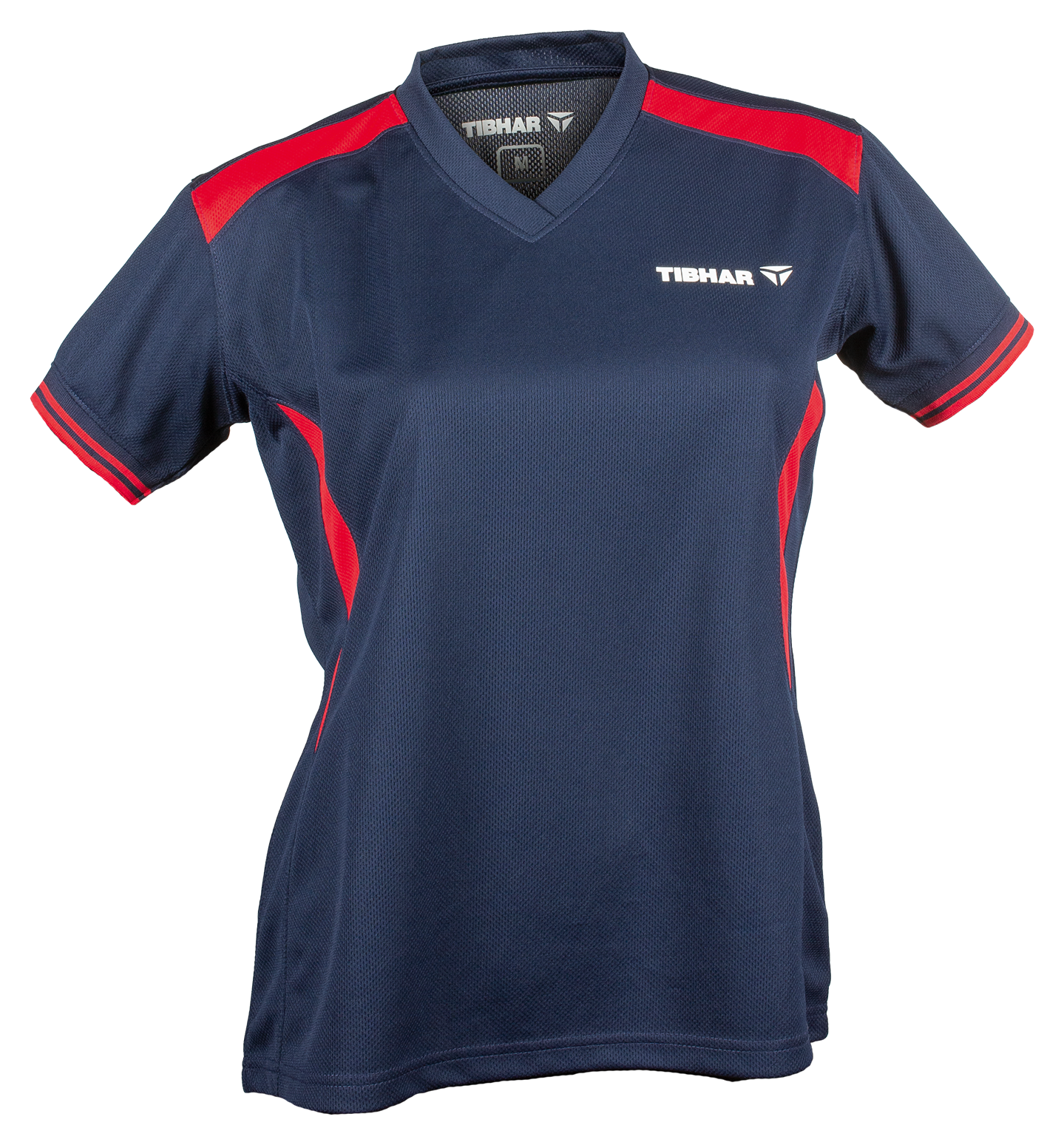 Tibhar Kosmos Lady Hemd in Marine/Rot – tailliertes Damen-Tischtennishemd, Vorderansicht.