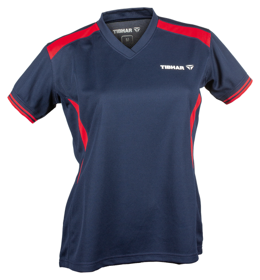 Tibhar Kosmos Lady Hemd in Marine/Rot – tailliertes Damen-Tischtennishemd, Vorderansicht.