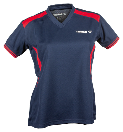 Tibhar Kosmos Lady Hemd in Marine/Rot – tailliertes Damen-Tischtennishemd, Vorderansicht.